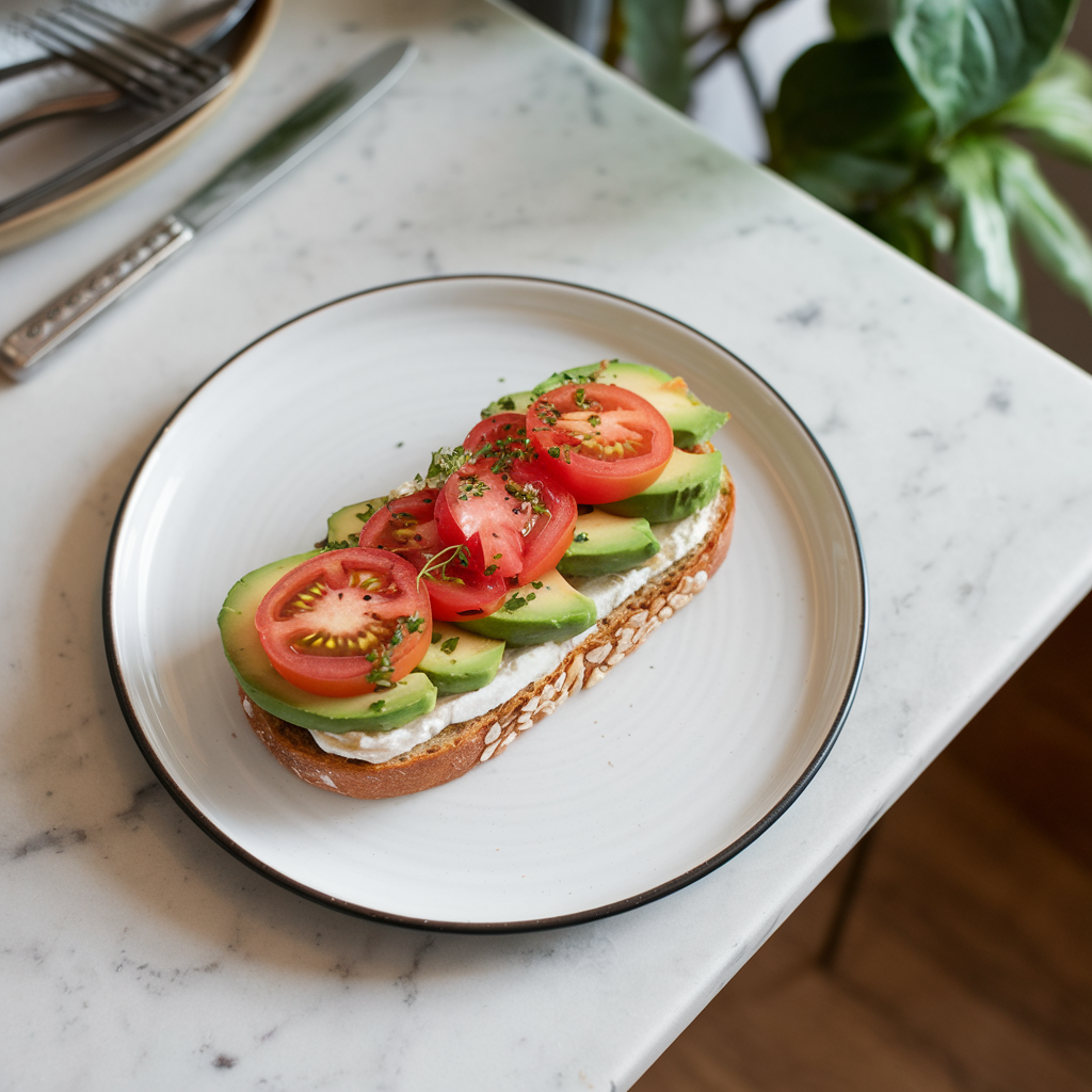 10-Minute Healthy Dinner Recipes Easy and Tasty - Open-Face Goat Cheese Sandwich with Tomato & Avocado Salad