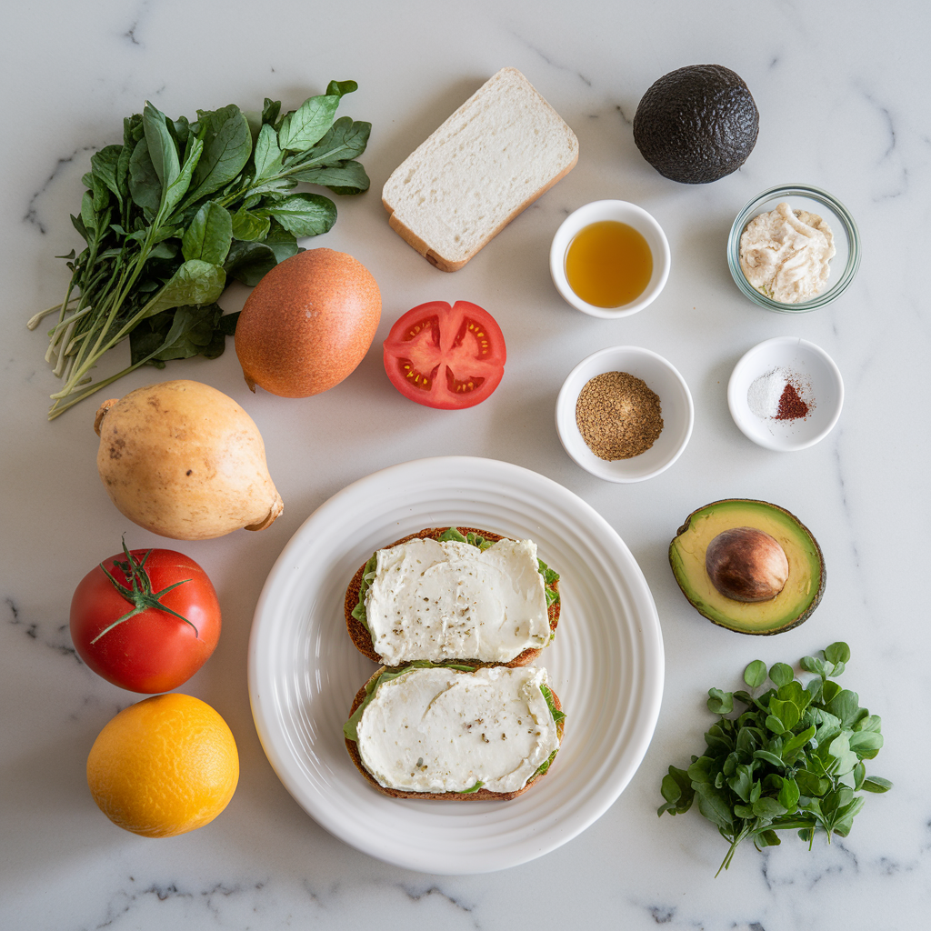 Ingredients for 10-Minute Healthy Dinner Recipes Easy and Tasty - Open-Face Goat Cheese Sandwich with Tomato & Avocado Salad