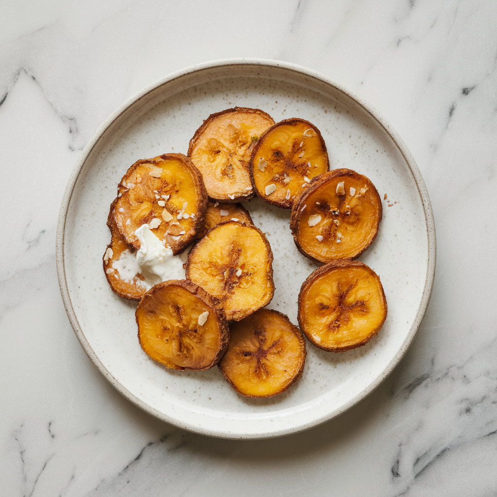 Air-Fried Cinnamon Plantain Slices with Almond Coconut Cream