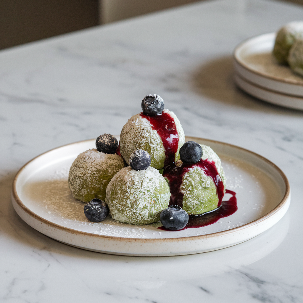 Air-Fried Coconut Matcha Mochi Bites with Blueberry Compote