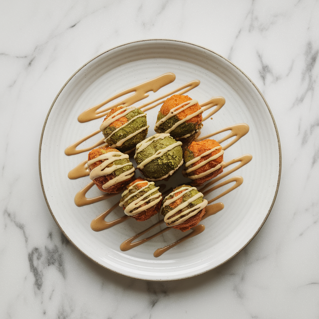 Air-Fried Coconut Matcha Sweet Potato Bites with Maple Tahini Drizzle