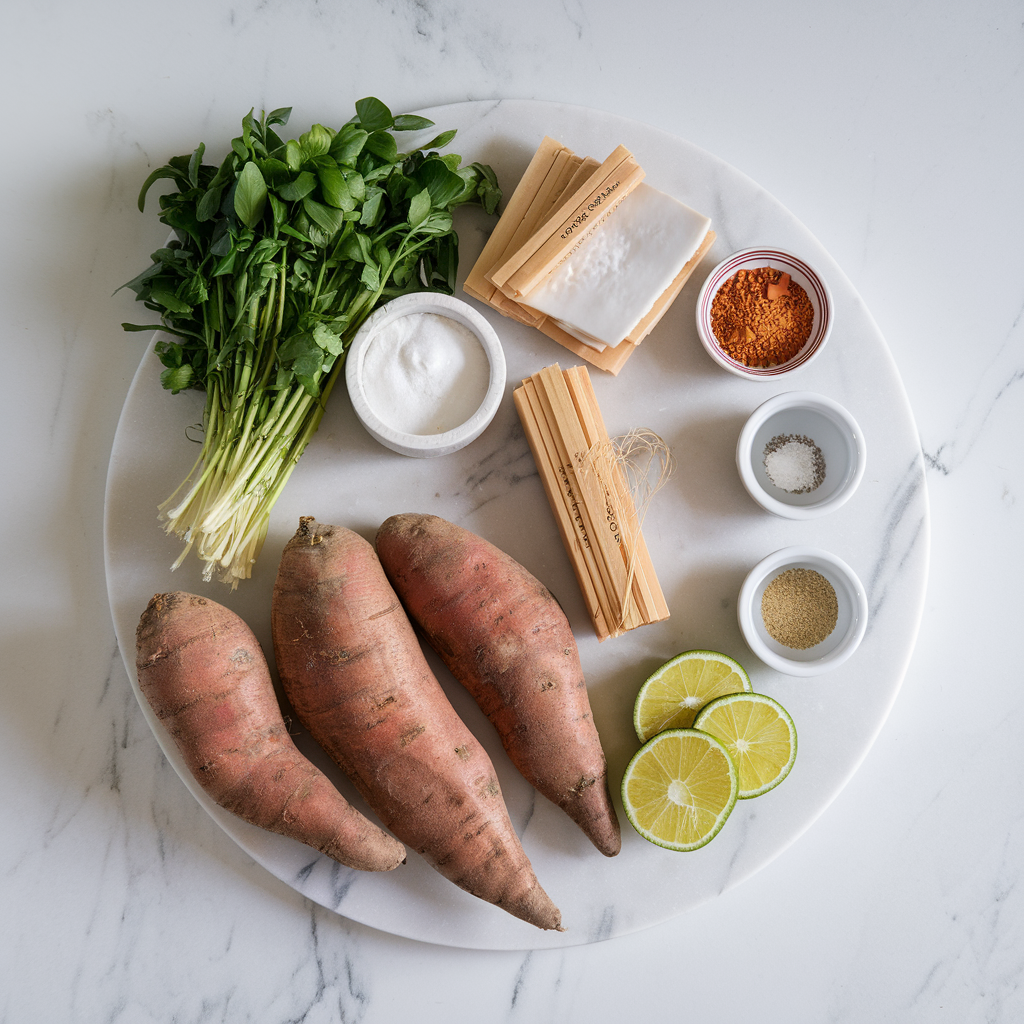 Ingredients for Air-Fried Coconut Matcha Sweet Potato Bites with Maple Tahini Drizzle