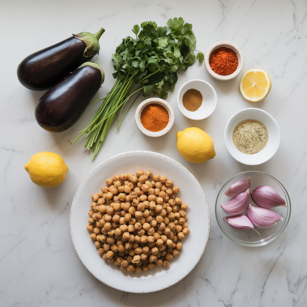 Ingredients for Air-Fried Eggplant & Chickpea Kofta with Zesty Green Tahini Sauce