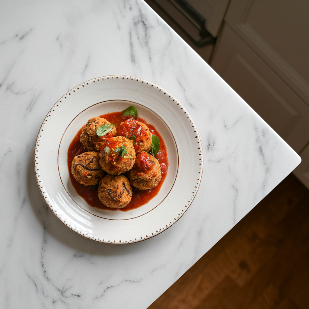 Air-Fried Eggplant & Chickpea No-Meat Balls with Spicy Tomato Glaze