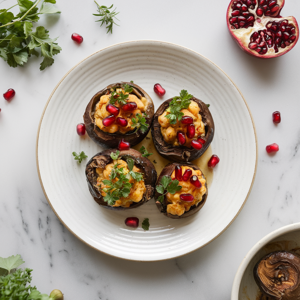 Air-Fried Eggplant & Chickpea Stuffed Portobellos with Pomegranate Glaze