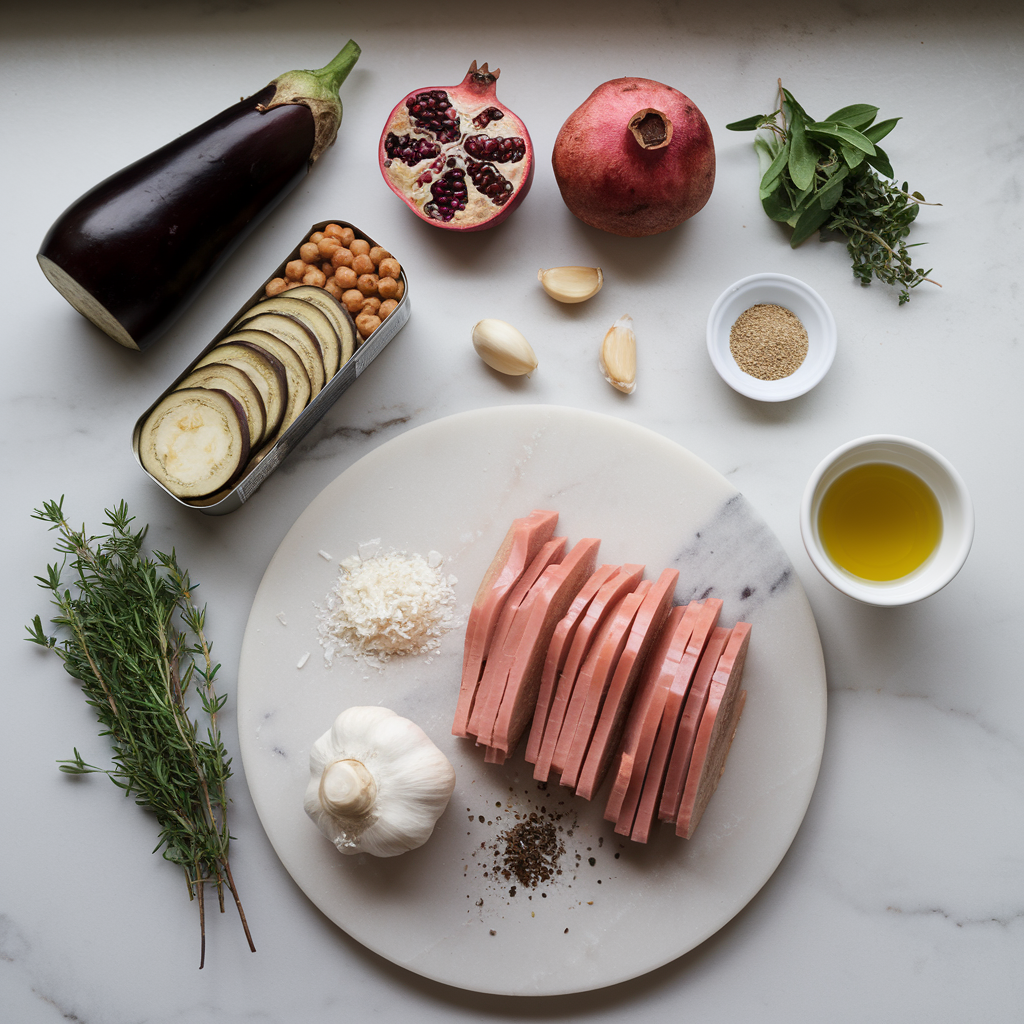 Ingredients for Air-Fried Eggplant & Chickpea Stuffed Portobellos with Pomegranate Glaze