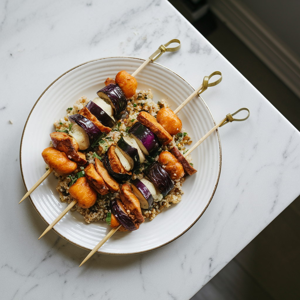 Air-Fried Eggplant and Seitan Skewers with Herbed Quinoa