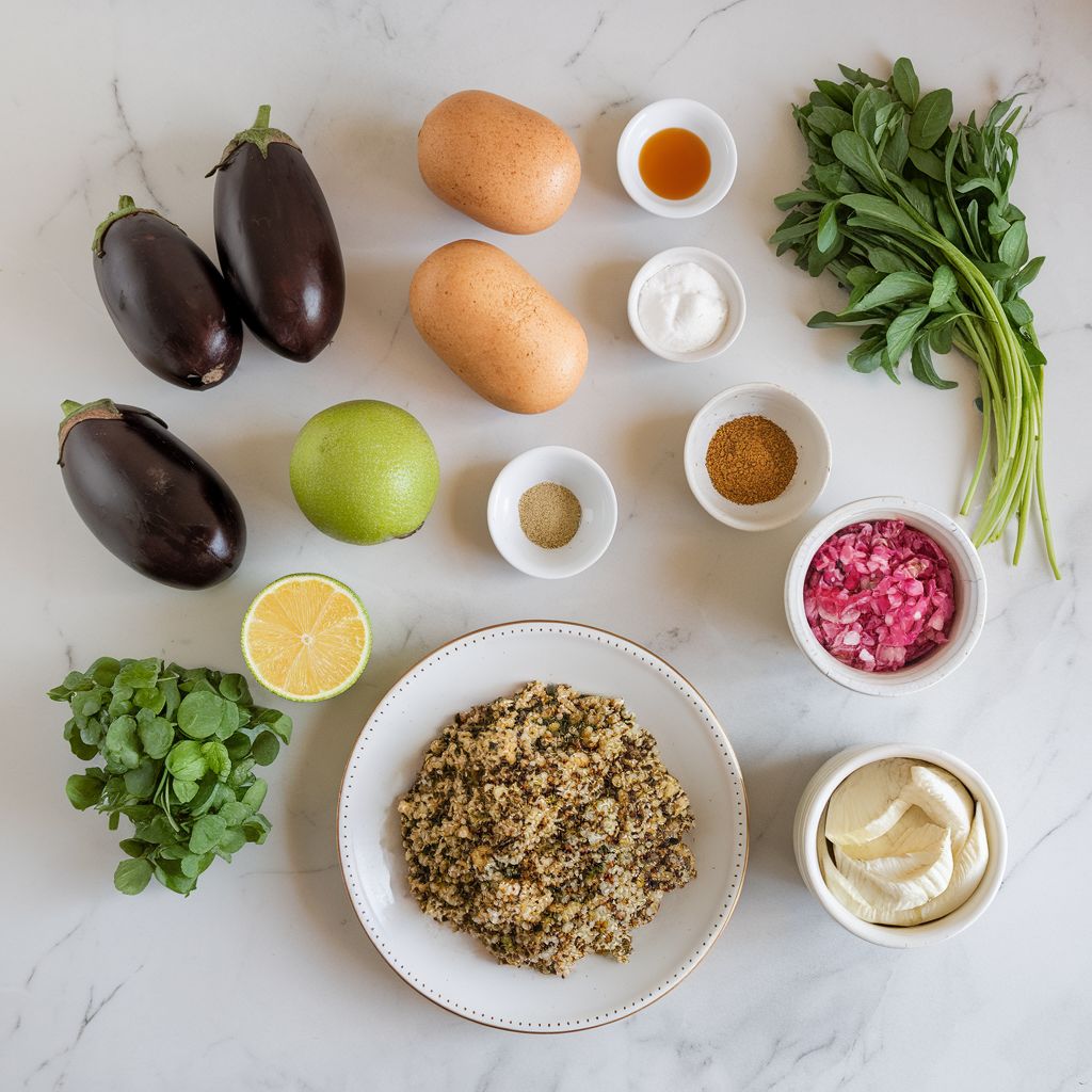 Ingredients for Air-Fried Eggplant and Seitan Skewers with Herbed Quinoa