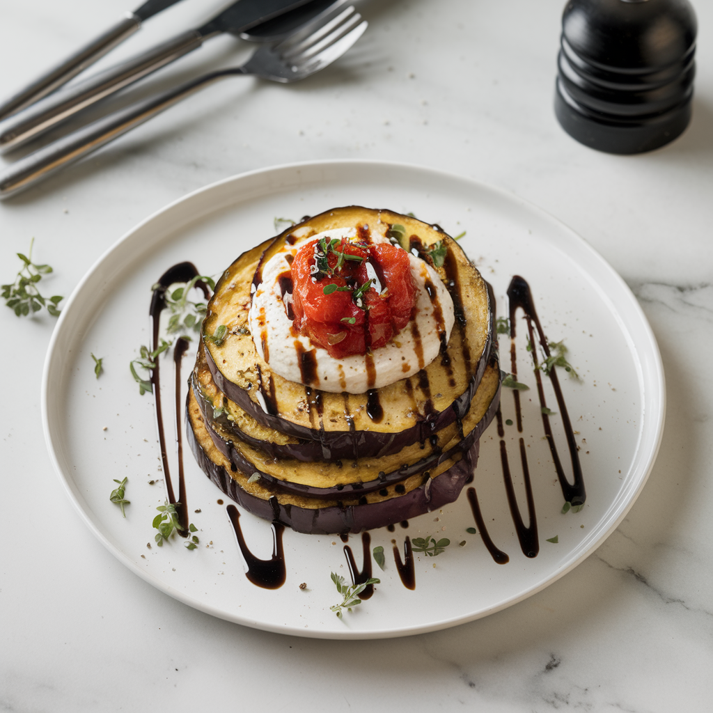 Air-Fried Eggplant Stacks with Herb Ricotta and Tomato Confit