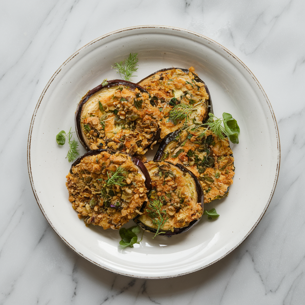 Air-Fried Eggplant and Tempeh Medallions with Savory Herb Crust