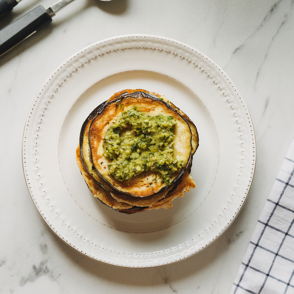 Air-Fried Eggplant & Tempeh Stacks with Zesty Herb Pesto