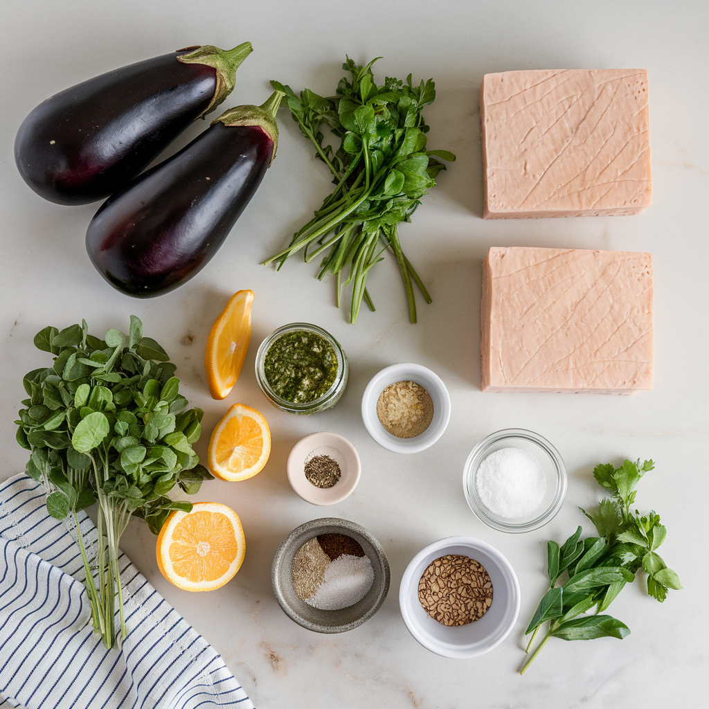 Ingredients for Air-Fried Eggplant & Tempeh Stacks with Zesty Herb Pesto