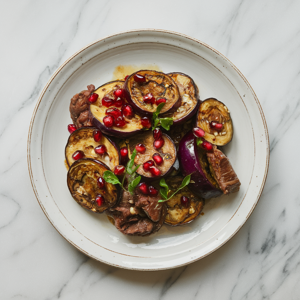 Air-Fried Herbed Lamb and Eggplant Medley with Pomegranate Glaze