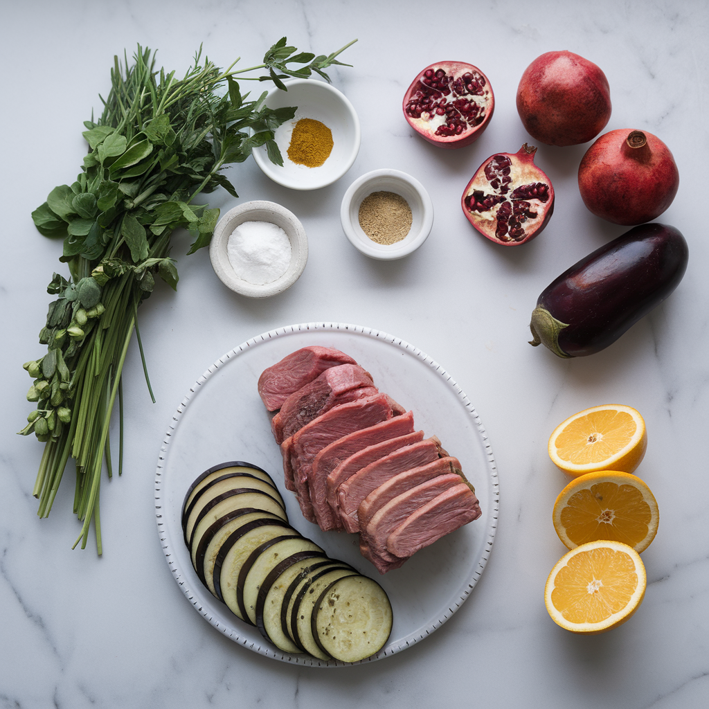 Ingredients for Air-Fried Herbed Lamb and Eggplant Medley with Pomegranate Glaze