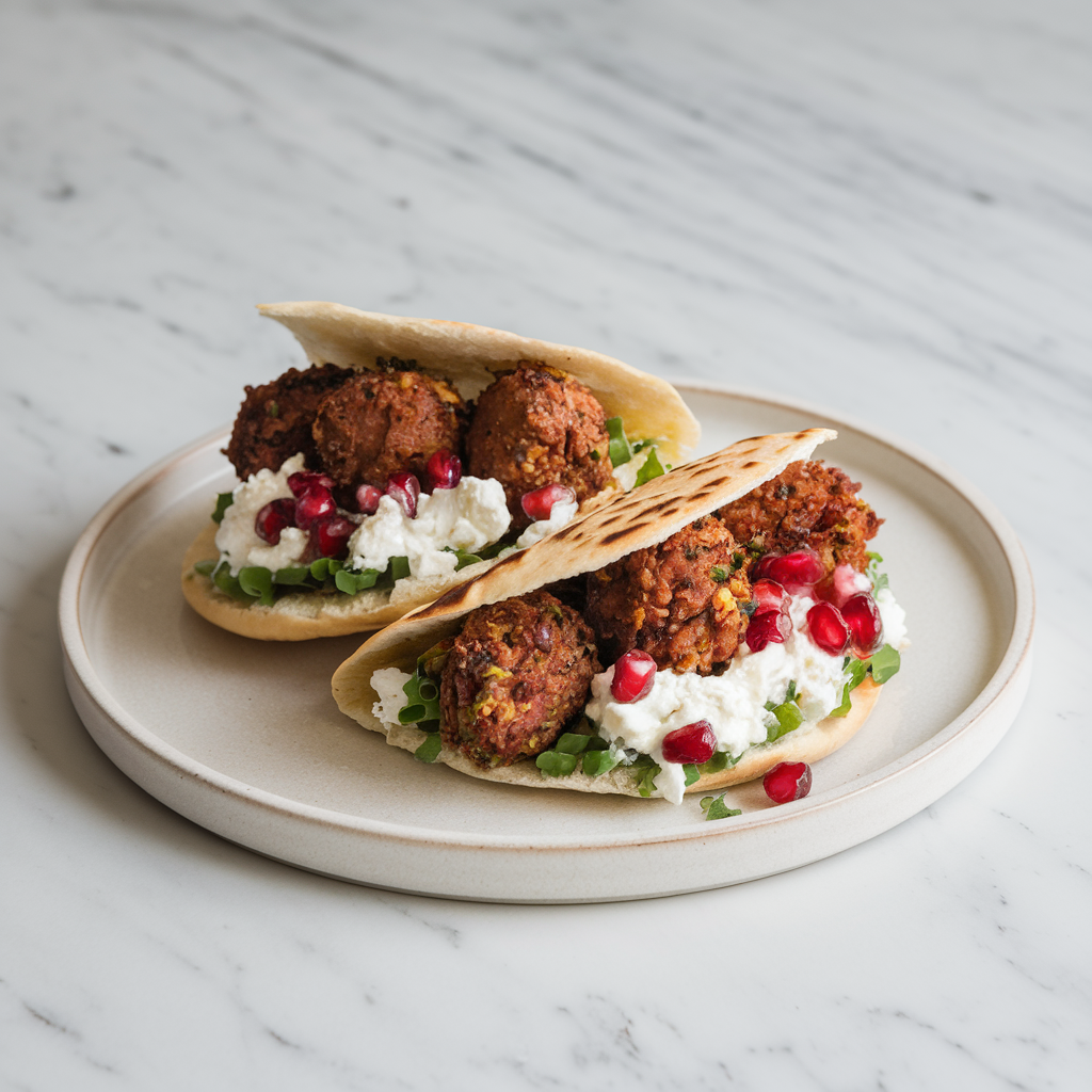 Air-Fried Lamb Kofta Pitas with Whipped Feta & Pomegranate Salsa