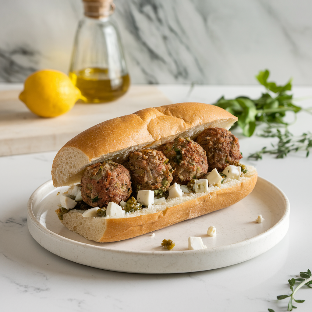 Air-Fried Mediterranean Lamb Meatball Subs with Feta and Olive Tapenade