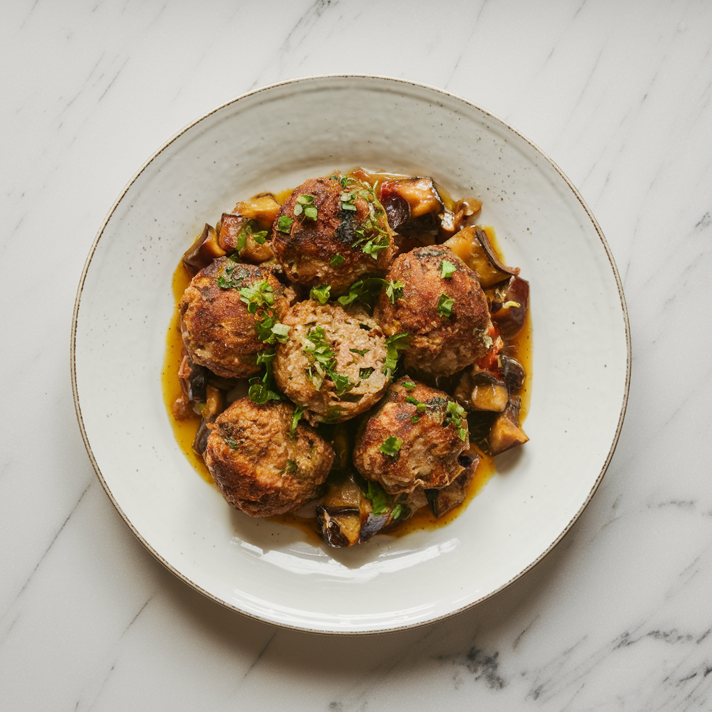 Air-Fried Mediterranean Lamb Meatballs with Eggplant Relish