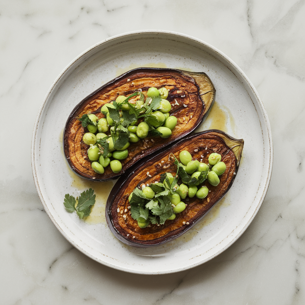 Air-Fried Miso Glazed Eggplant Steaks with Edamame Chimichurri