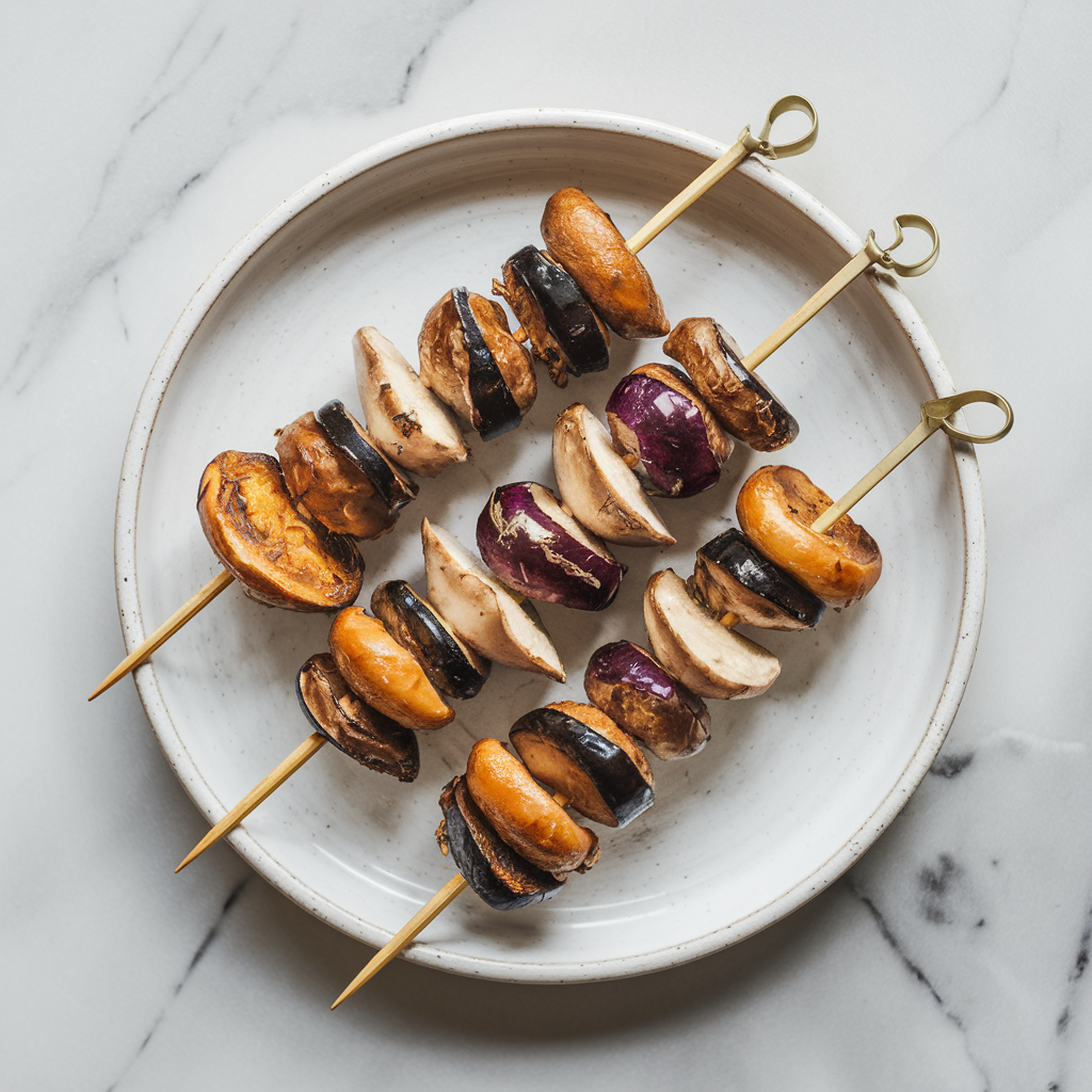 Air-Fried Moroccan Spiced Eggplant & Mushroom Skewers