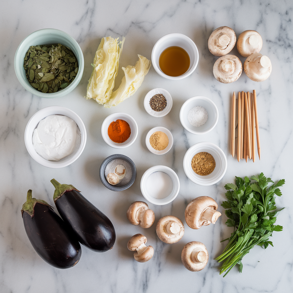 Ingredients for Air-Fried Moroccan Spiced Eggplant & Mushroom Skewers