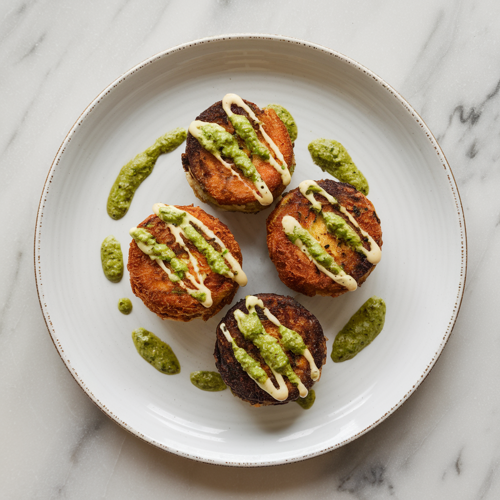 Air-Fried Mushroom & Eggplant Croquettes with Herbaceous Pesto Drizzle
