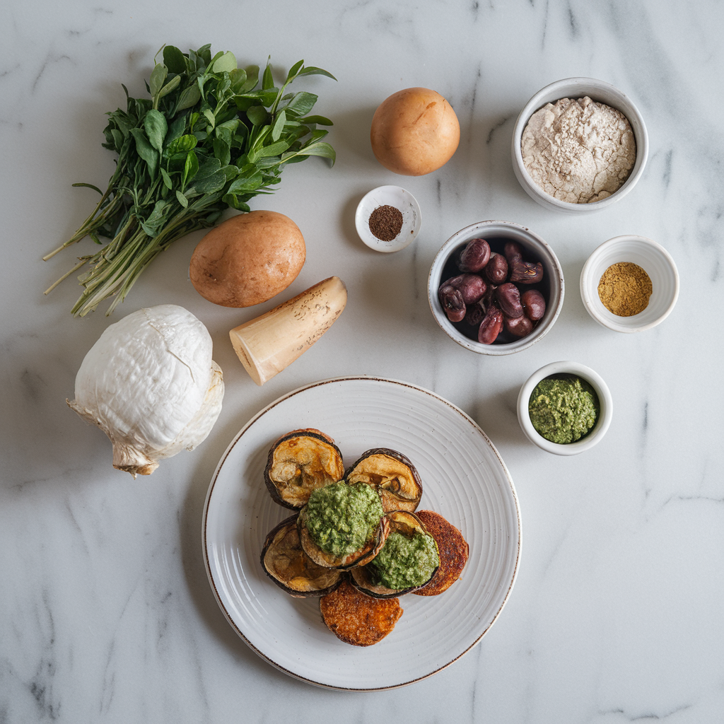 Ingredients for Air-Fried Mushroom & Eggplant Croquettes with Herbaceous Pesto Drizzle