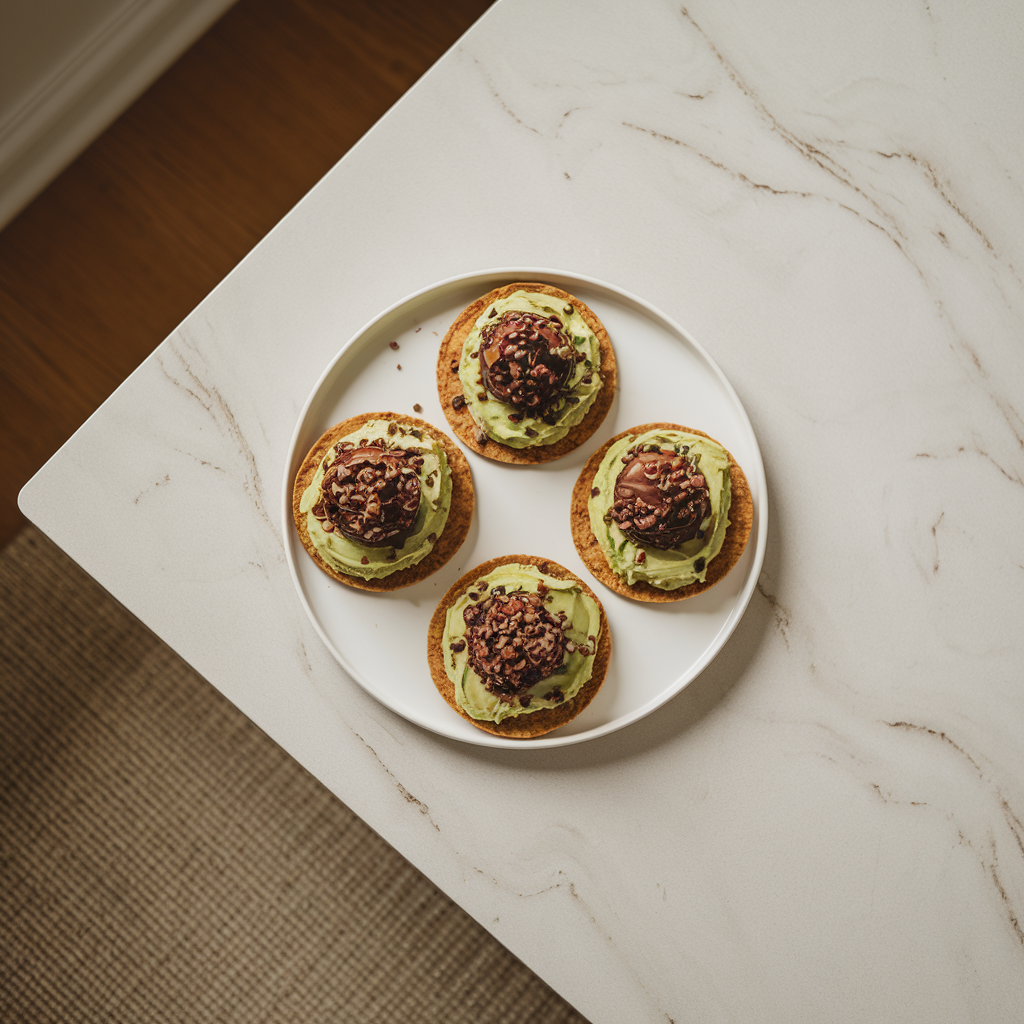 Air-Fried Plantain and Cacao Nib Dessert Tostadas with Avocado-Coconut Cream