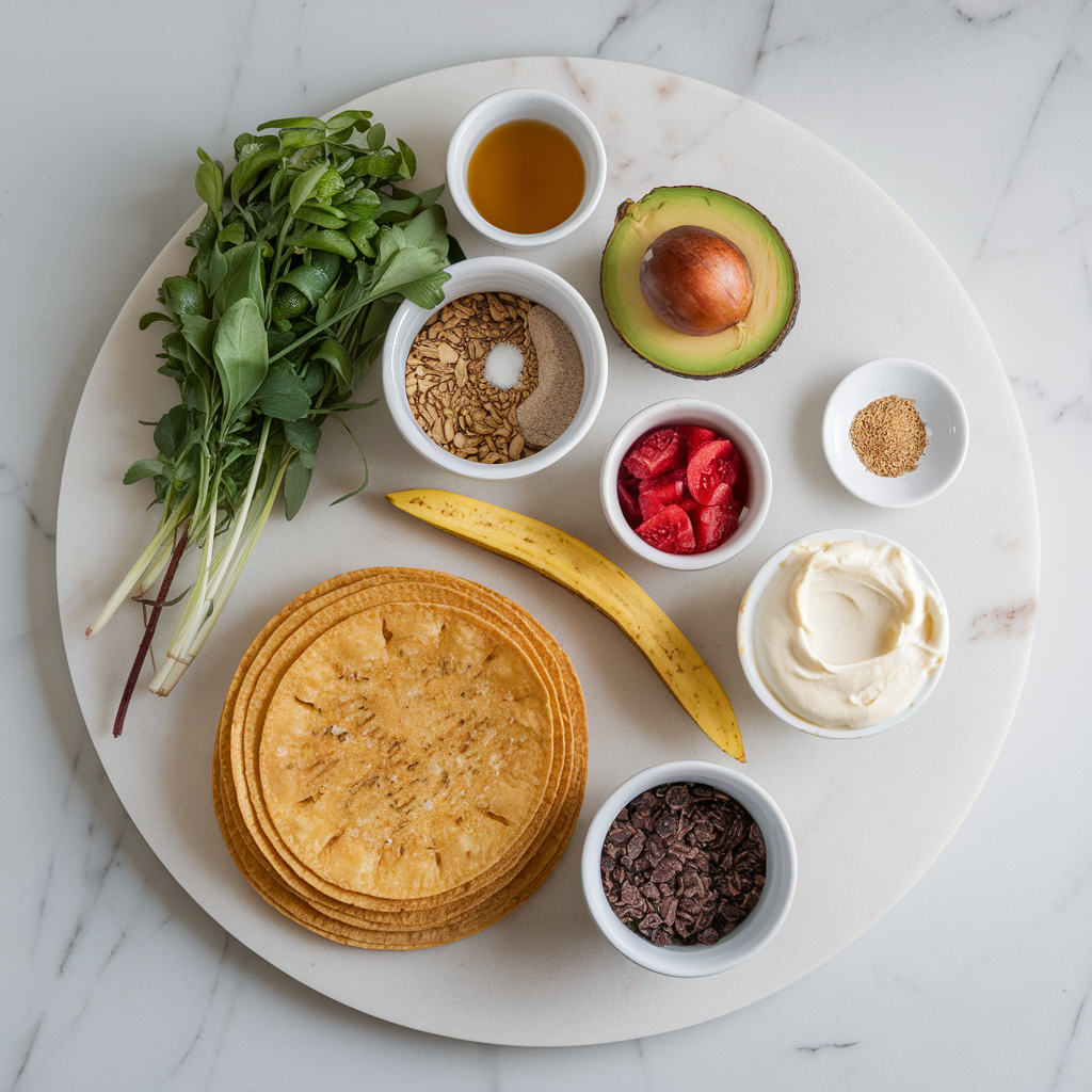 Ingredients for Air-Fried Plantain and Cacao Nib Dessert Tostadas with Avocado-Coconut Cream