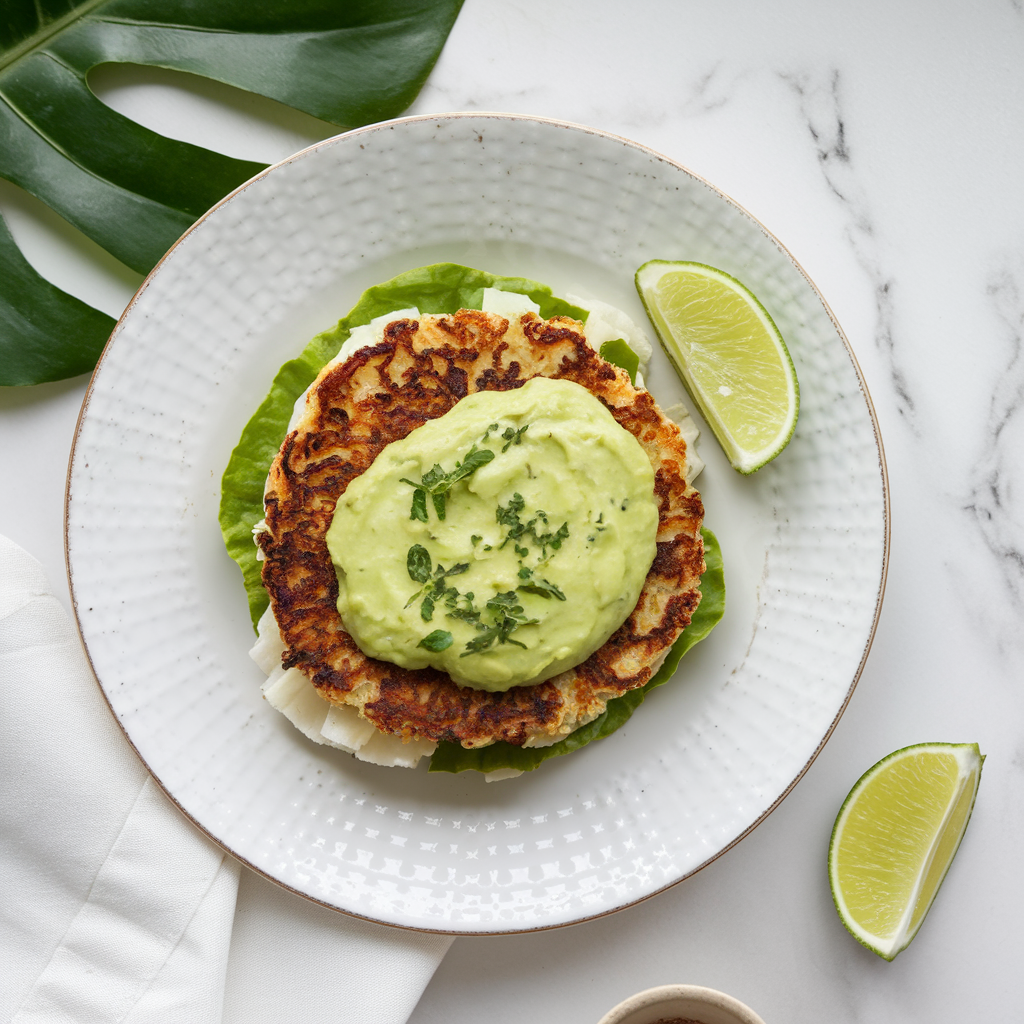 Air-Fried Plantain and Quinoa Breakfast Patties with Avocado Lime Sauce