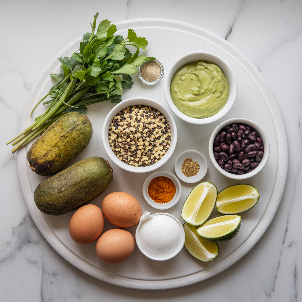 Ingredients for Air-Fried Plantain and Quinoa Breakfast Patties with Avocado Lime Sauce