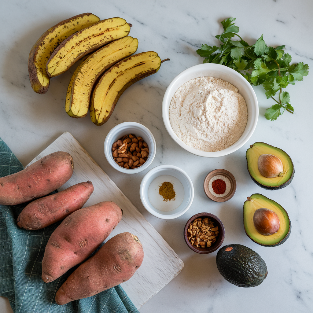 Ingredients for Air-Fried Plantain & Sweet Potato Churro Bites with Cacao Avocado Dip