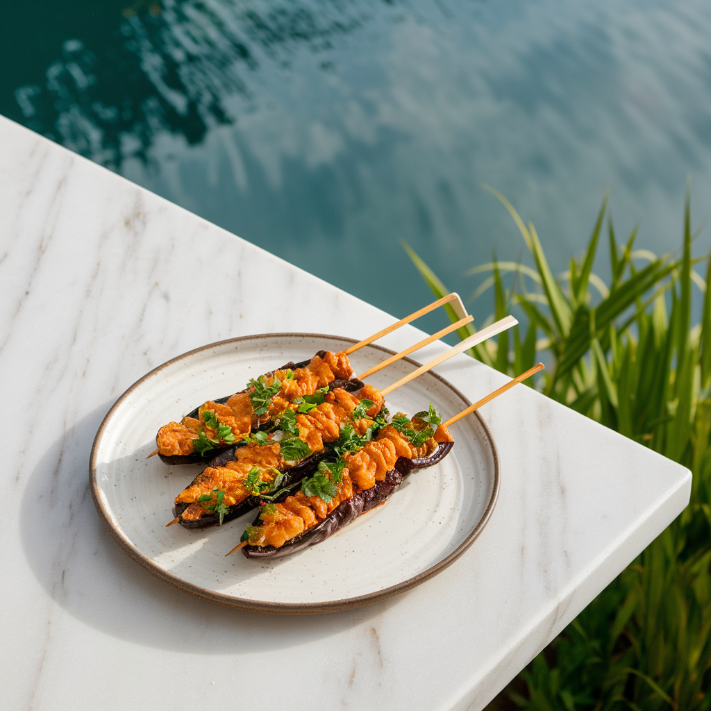 Air-Fried Seitan and Eggplant Satay with Tangy Tamarind Glaze