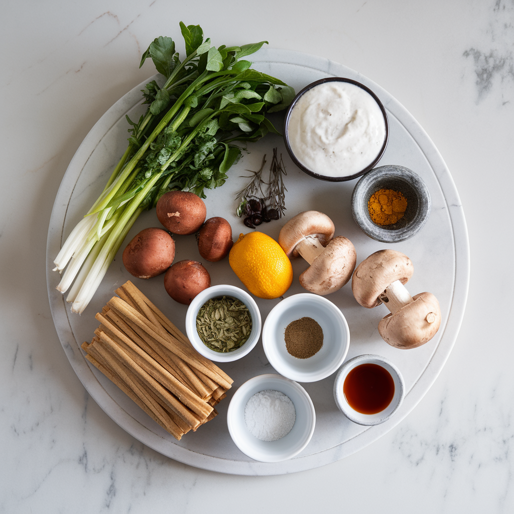 Ingredients for Air-Fried Seitan and Mushroom Skewers with Smoky Harissa Glaze