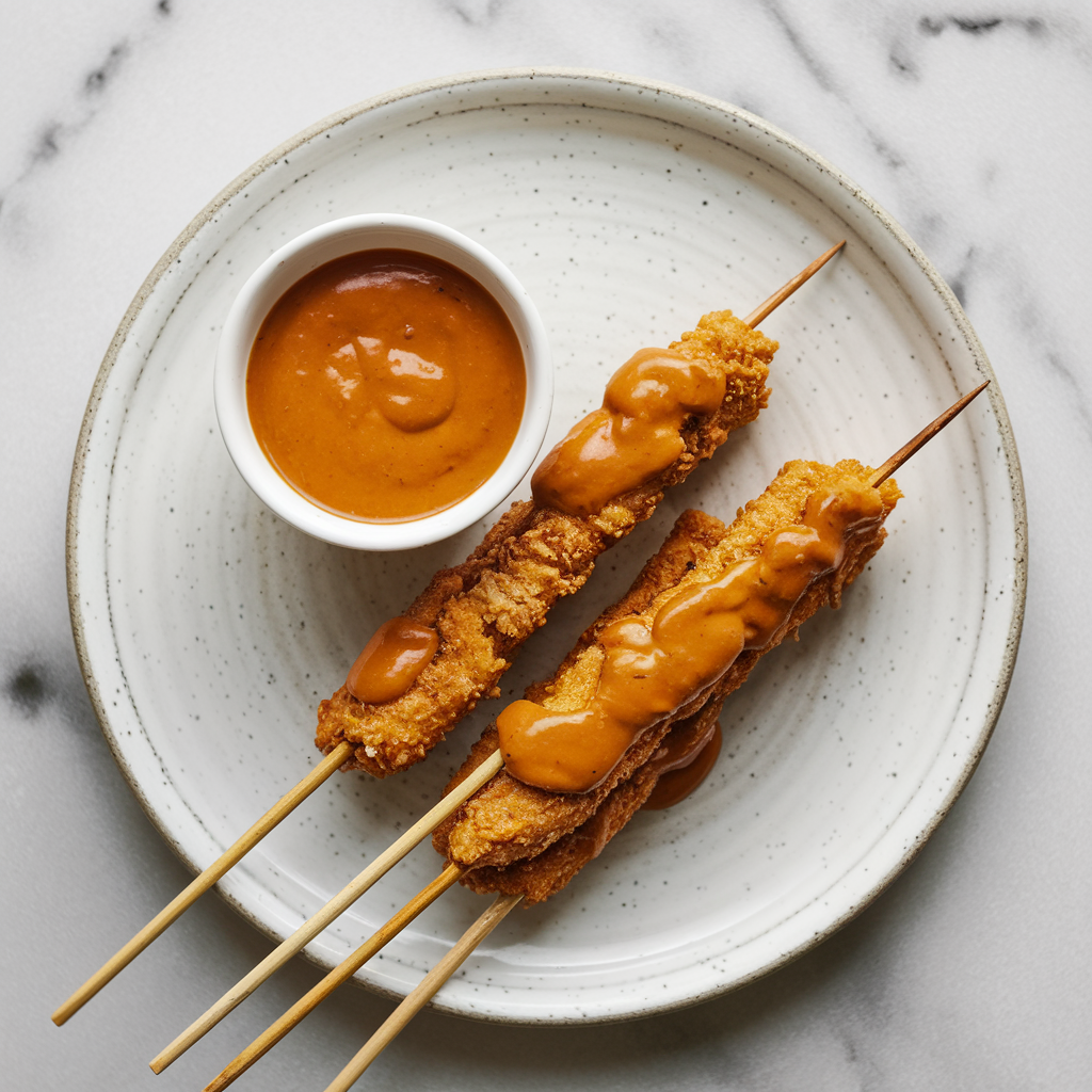Air-Fried Seitan Satay Skewers with Spicy Peanut Sauce