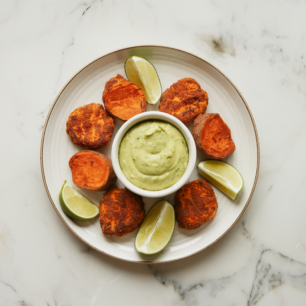 Air-Fried Seitan & Sweet Potato Nuggets with Avocado-Lime Dip