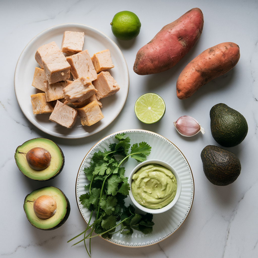 Ingredients for Air-Fried Seitan & Sweet Potato Nuggets with Avocado-Lime Dip
