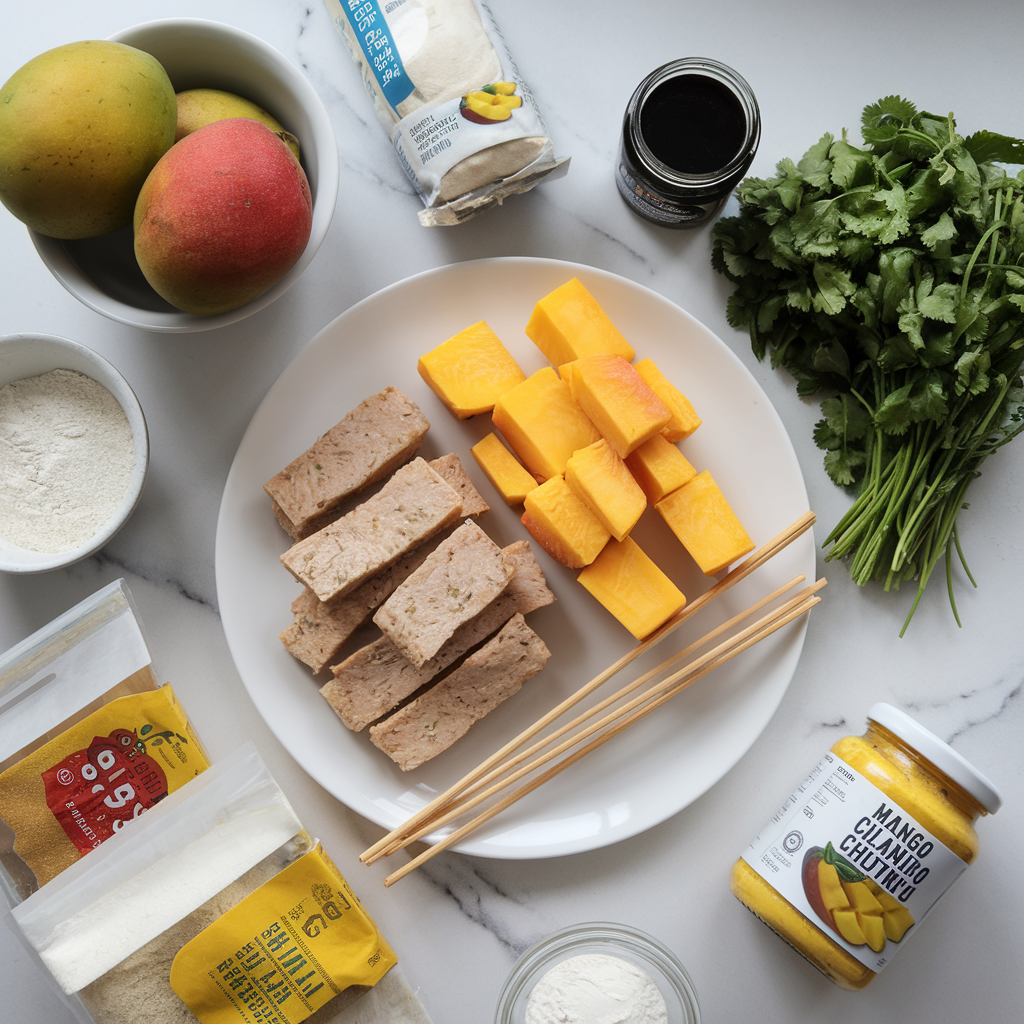 Ingredients for Air-Fried Seitan and Sweet Potato Skewers with Mango-Cilantro Chutney