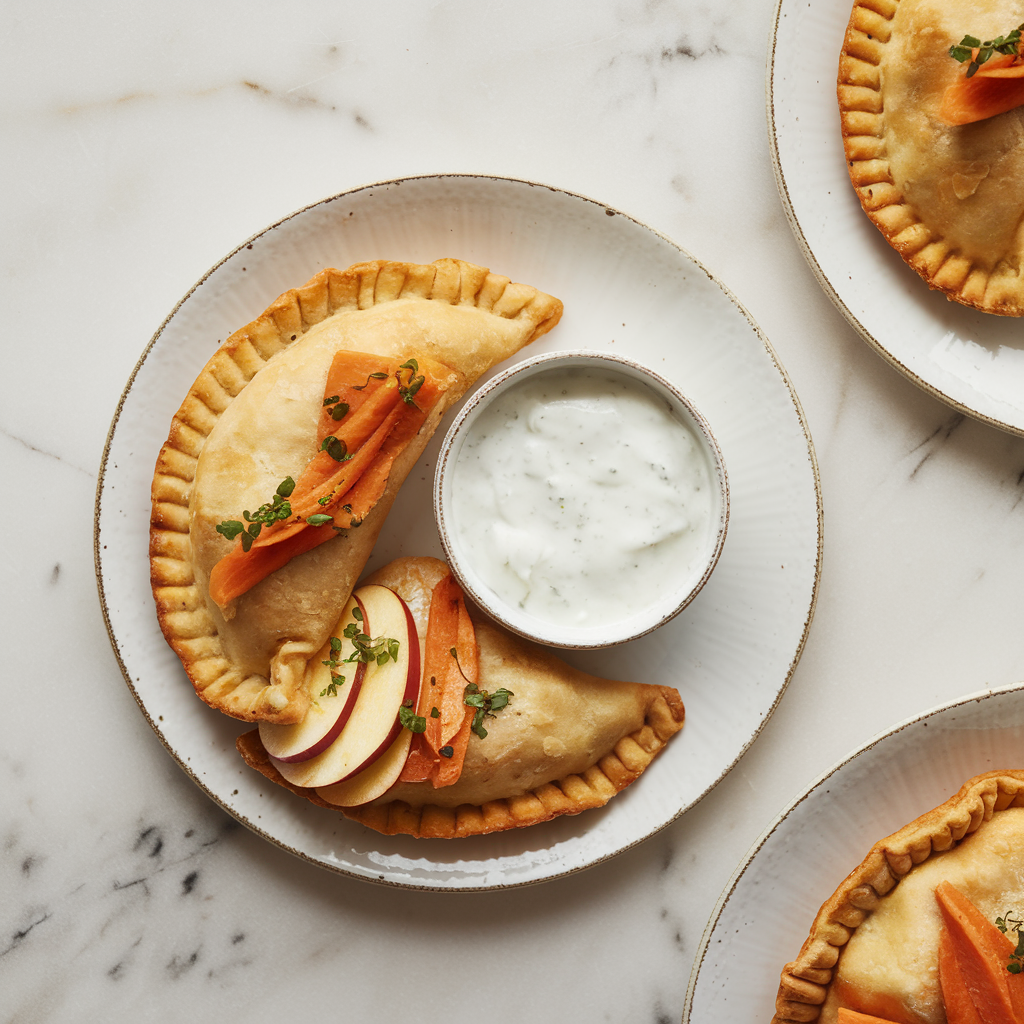 Air-Fried Spiced Carrot & Apple Empanadas with Almond Yogurt Dip