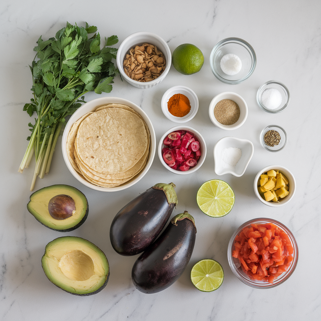 Ingredients for Air-Fried Spiced Eggplant & Chickpea Tacos with Avocado Lime Crema