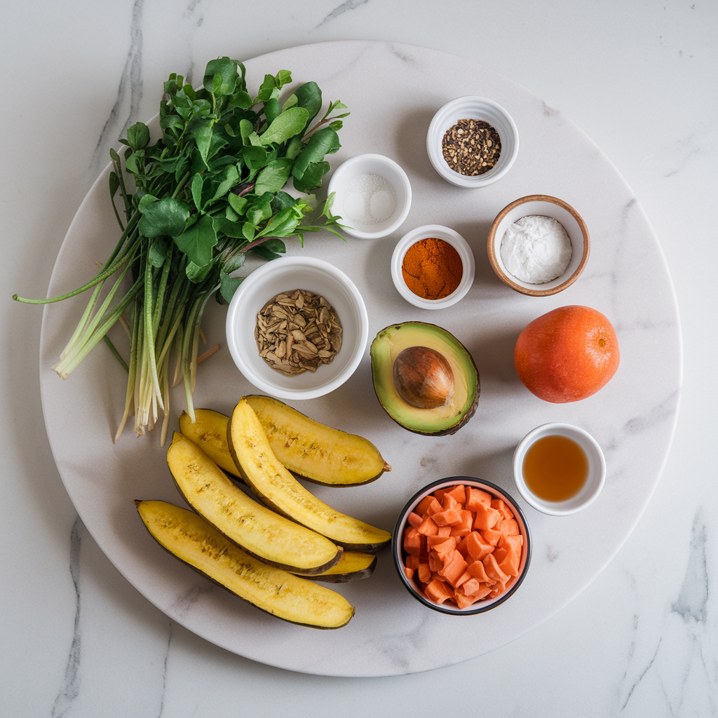 Ingredients for Air-Fried Spiced Plantain Tartlets with Avocado-Date Cream