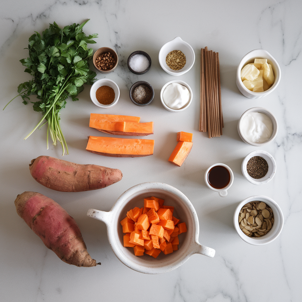 Ingredients for Air-Fried Spiced Sweet Potato and Coconut Yogurt Parfaits