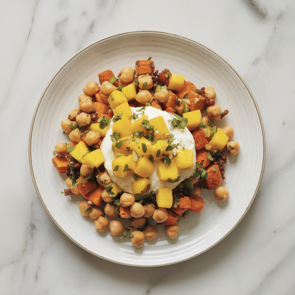 Air-Fried Sweet Potato and Chickpea Breakfast Hash with Mango Salsa