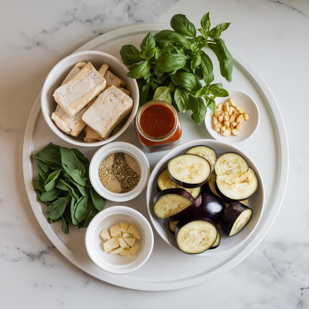 Ingredients for Air-Fried Tempeh & Eggplant Adobo: A Filipino-Inspired Vegan Delight