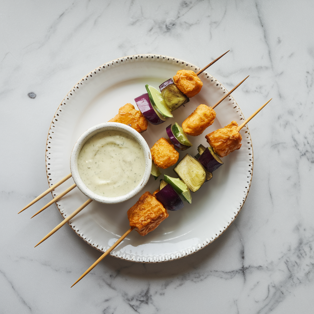 Air-Fried Tempeh and Eggplant Satay Skewers with Coconut-Lime Dip