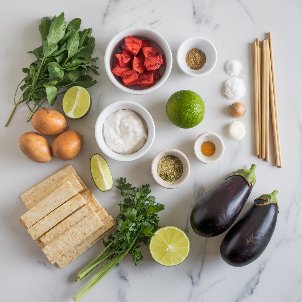 Ingredients for Air-Fried Tempeh and Eggplant Satay Skewers with Coconut-Lime Dip