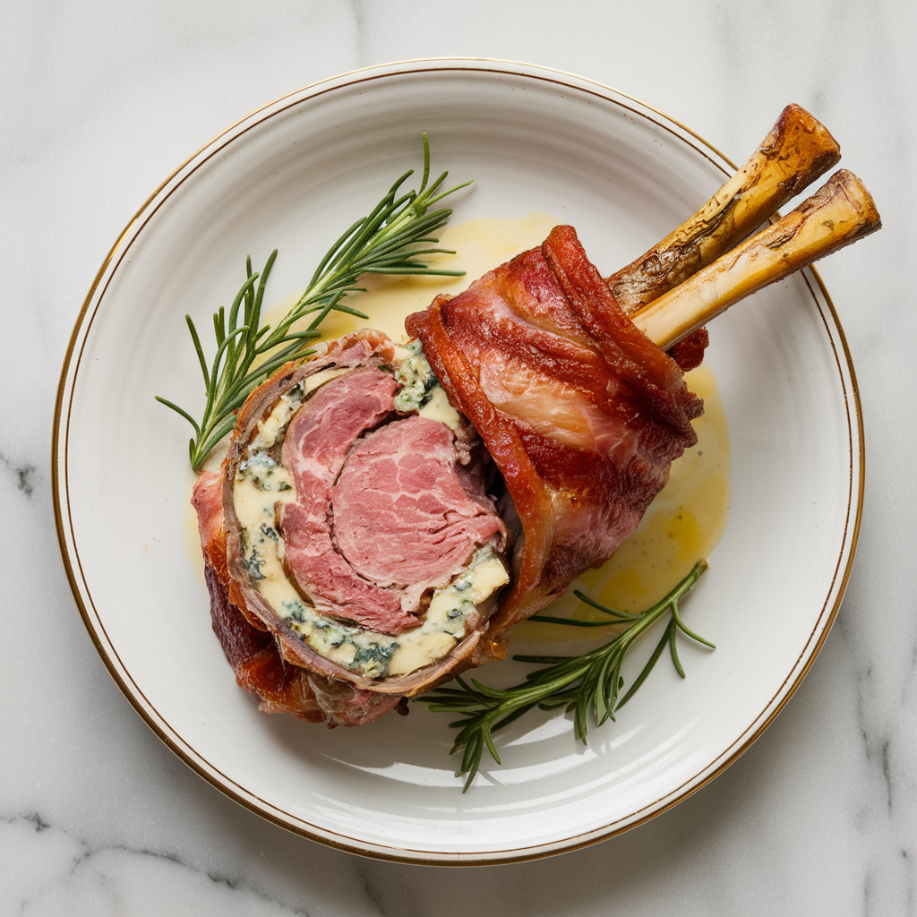 Air Fryer Bacon-Wrapped Lamb with Blue Cheese Butter