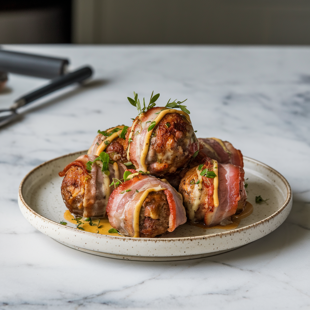 Air Fryer Bacon-Wrapped Lamb Meatballs with Honey Mustard Glaze