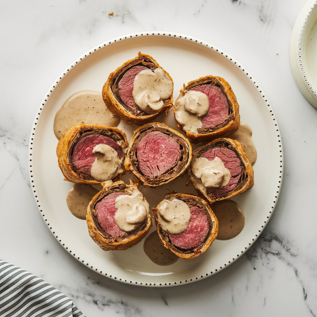 Air Fryer Beef Wellington Bites with Creamy Mushroom Sauce