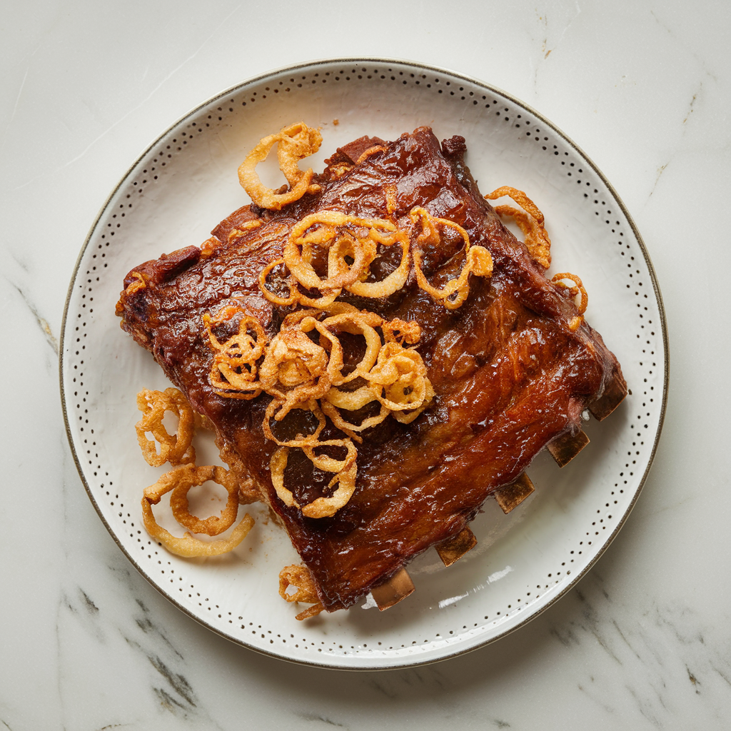 Air Fryer Bourbon Bacon Beef Ribs with Crispy Onion Crunch