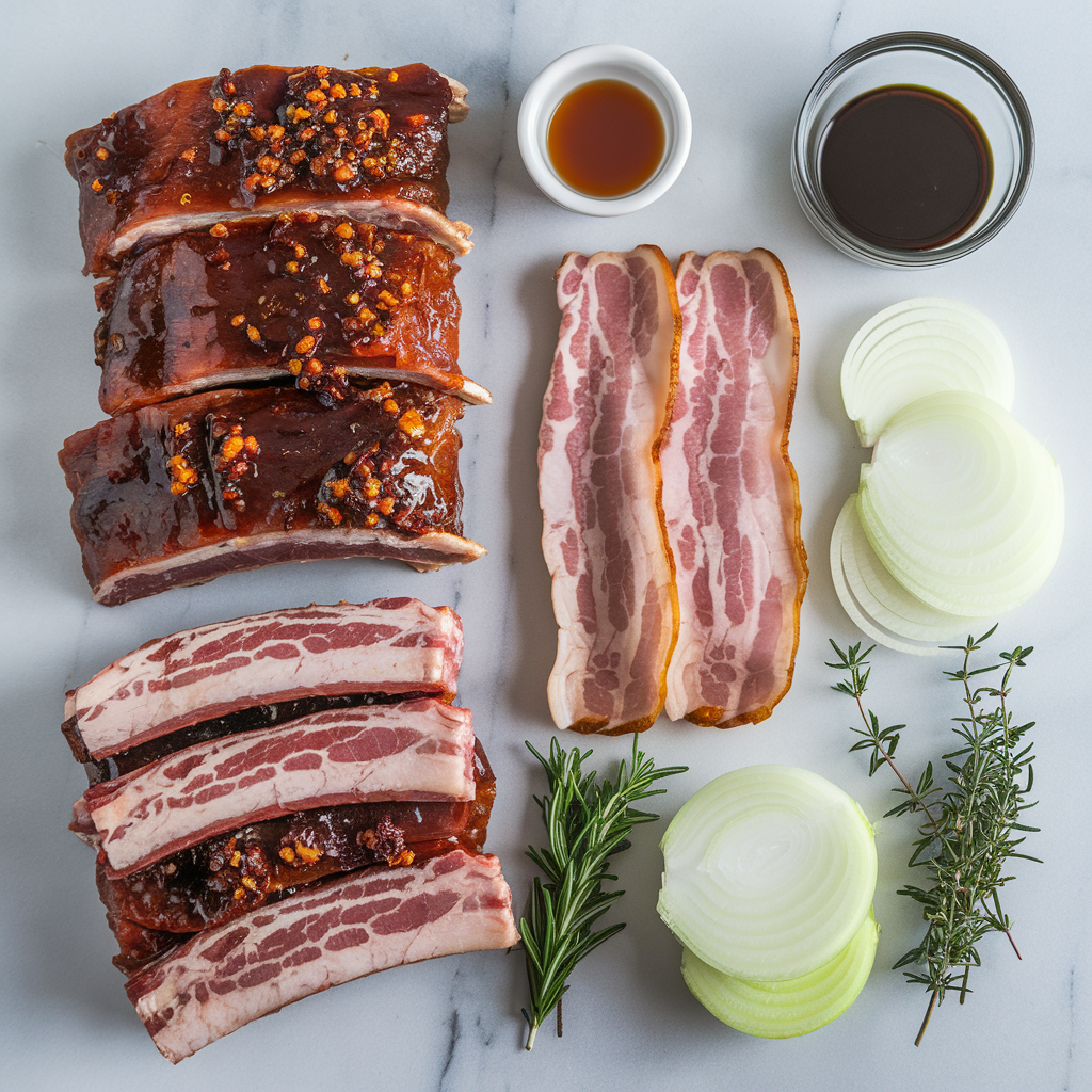 Ingredients for Air Fryer Bourbon Bacon Beef Ribs with Crispy Onion Crunch